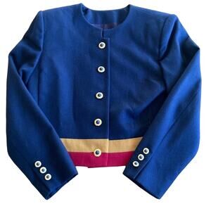 Vintage 80s Talbots Womens XS 100% Wool Navy Colorblock Cropped Jacket Old Money